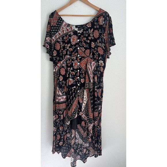 Floral Patchwork Hi-Lo Dress Ruffle Hem Flutter Sleeves Boho Lagenlook Peasant - Picture 1 of 10